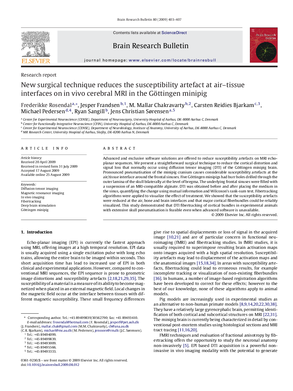 New surgical technique reduces the susceptibility artefact at air–tissue interfaces on in vivo cerebral MRI in the Göttingen minipig