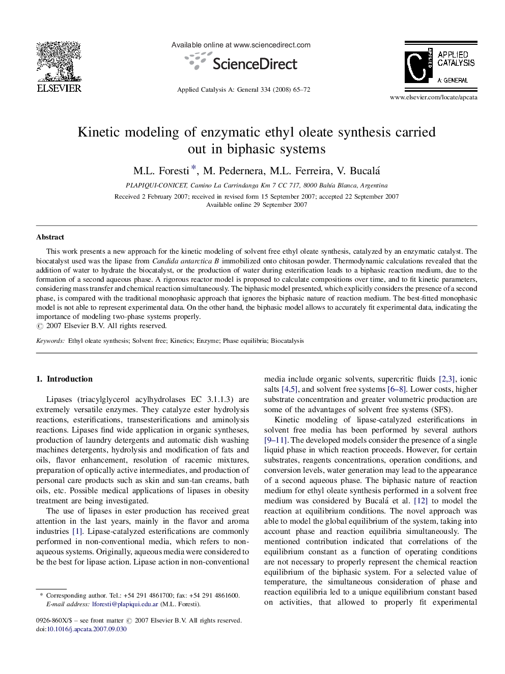 Kinetic modeling of enzymatic ethyl oleate synthesis carried out in biphasic systems