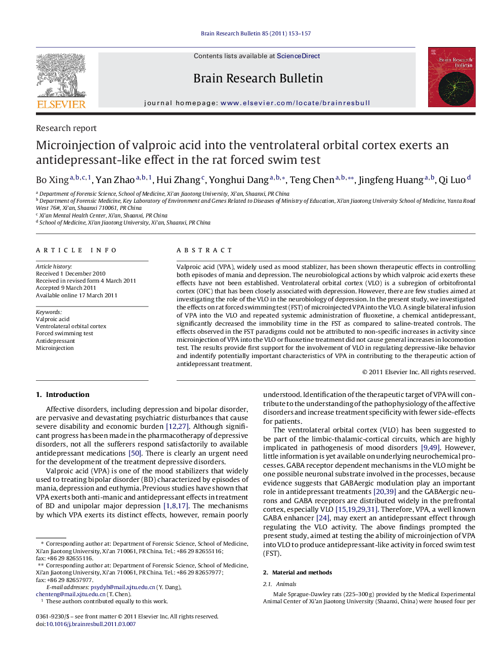 Microinjection of valproic acid into the ventrolateral orbital cortex exerts an antidepressant-like effect in the rat forced swim test