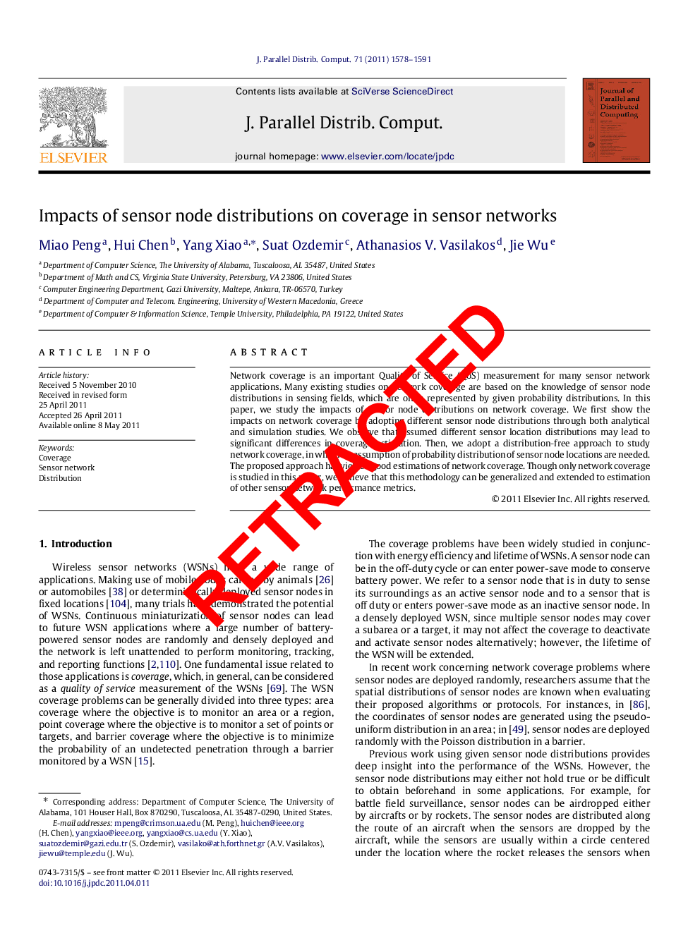 عکس صفحه اول مقاله: RETRACTED: Impacts of sensor node distributions on coverage in sensor networks RETRACTED: Impacts of sensor node distributions on coverage in sensor networks