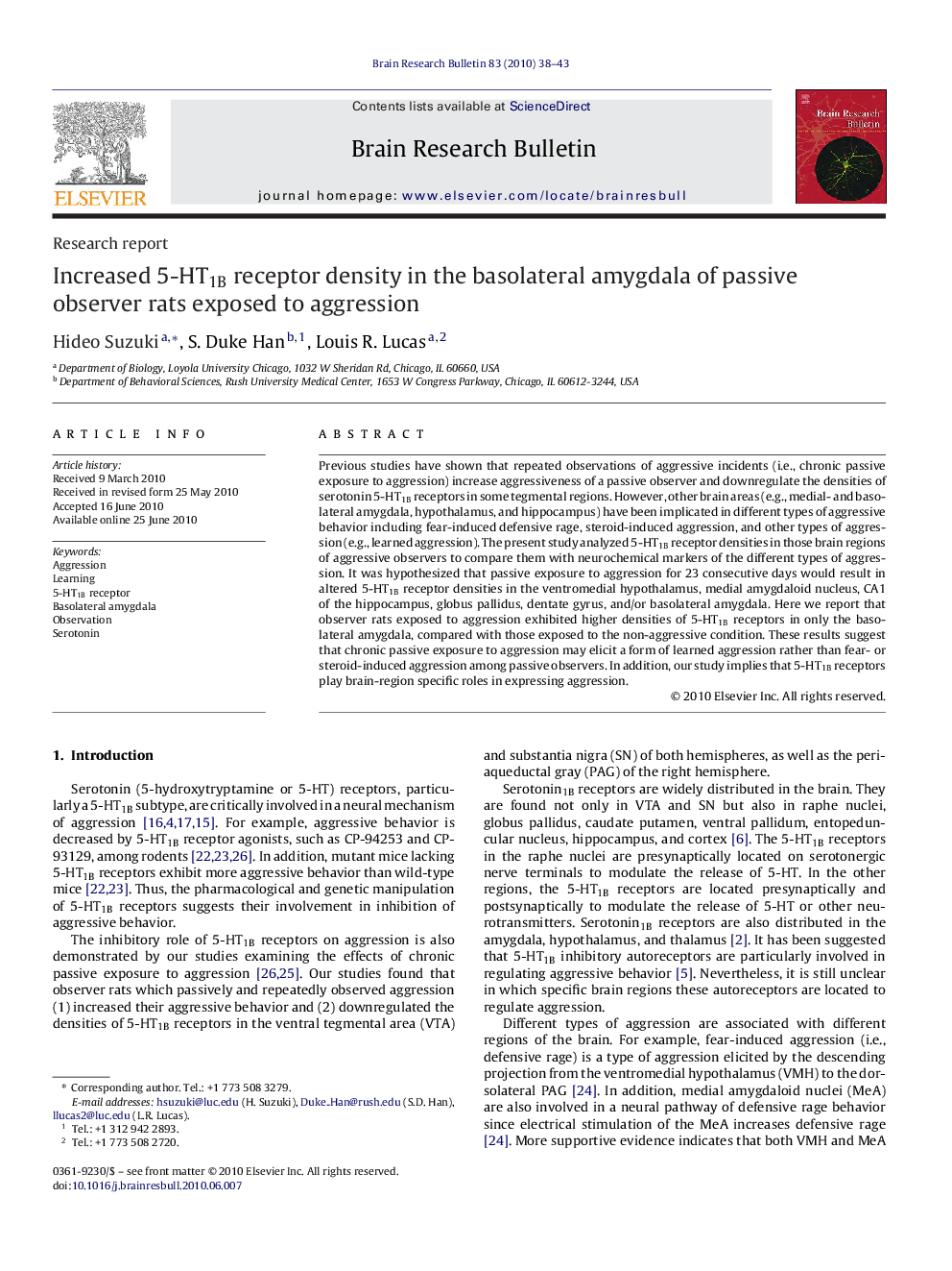 Increased 5-HT1B receptor density in the basolateral amygdala of passive observer rats exposed to aggression