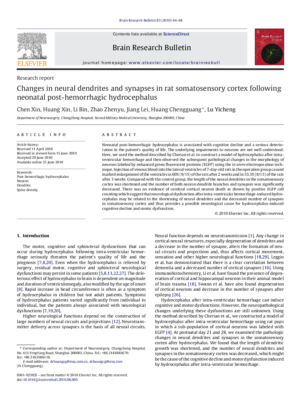 Changes in neural dendrites and synapses in rat somatosensory cortex following neonatal post-hemorrhagic hydrocephalus