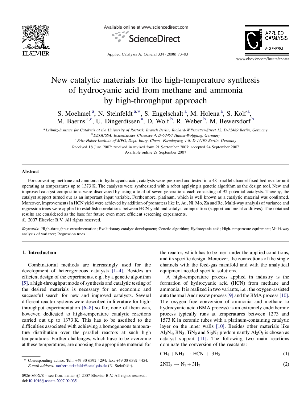 New catalytic materials for the high-temperature synthesis of hydrocyanic acid from methane and ammonia by high-throughput approach