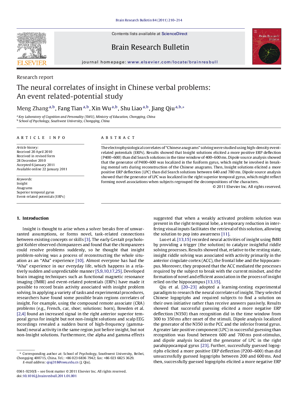 The neural correlates of insight in Chinese verbal problems: An event related-potential study