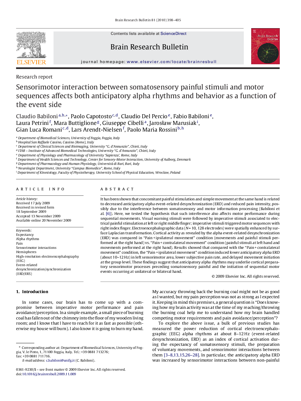 Sensorimotor interaction between somatosensory painful stimuli and motor sequences affects both anticipatory alpha rhythms and behavior as a function of the event side