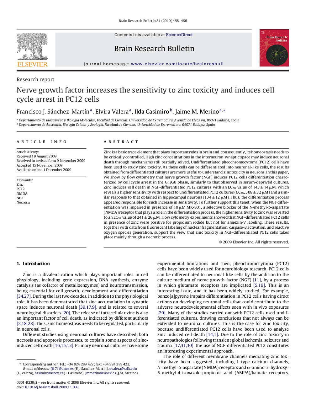 Nerve growth factor increases the sensitivity to zinc toxicity and induces cell cycle arrest in PC12 cells