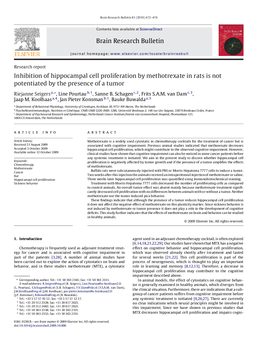 Inhibition of hippocampal cell proliferation by methotrexate in rats is not potentiated by the presence of a tumor