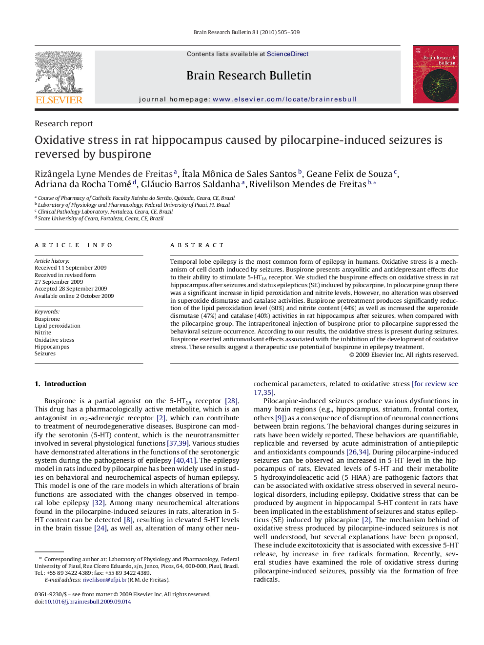 Oxidative stress in rat hippocampus caused by pilocarpine-induced seizures is reversed by buspirone