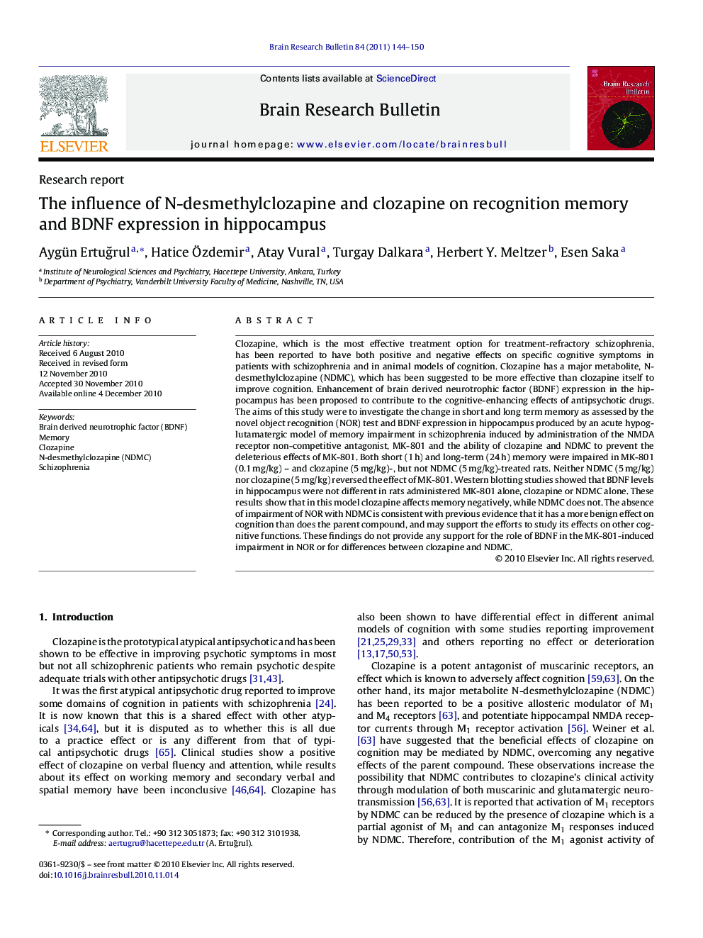 The influence of N-desmethylclozapine and clozapine on recognition memory and BDNF expression in hippocampus