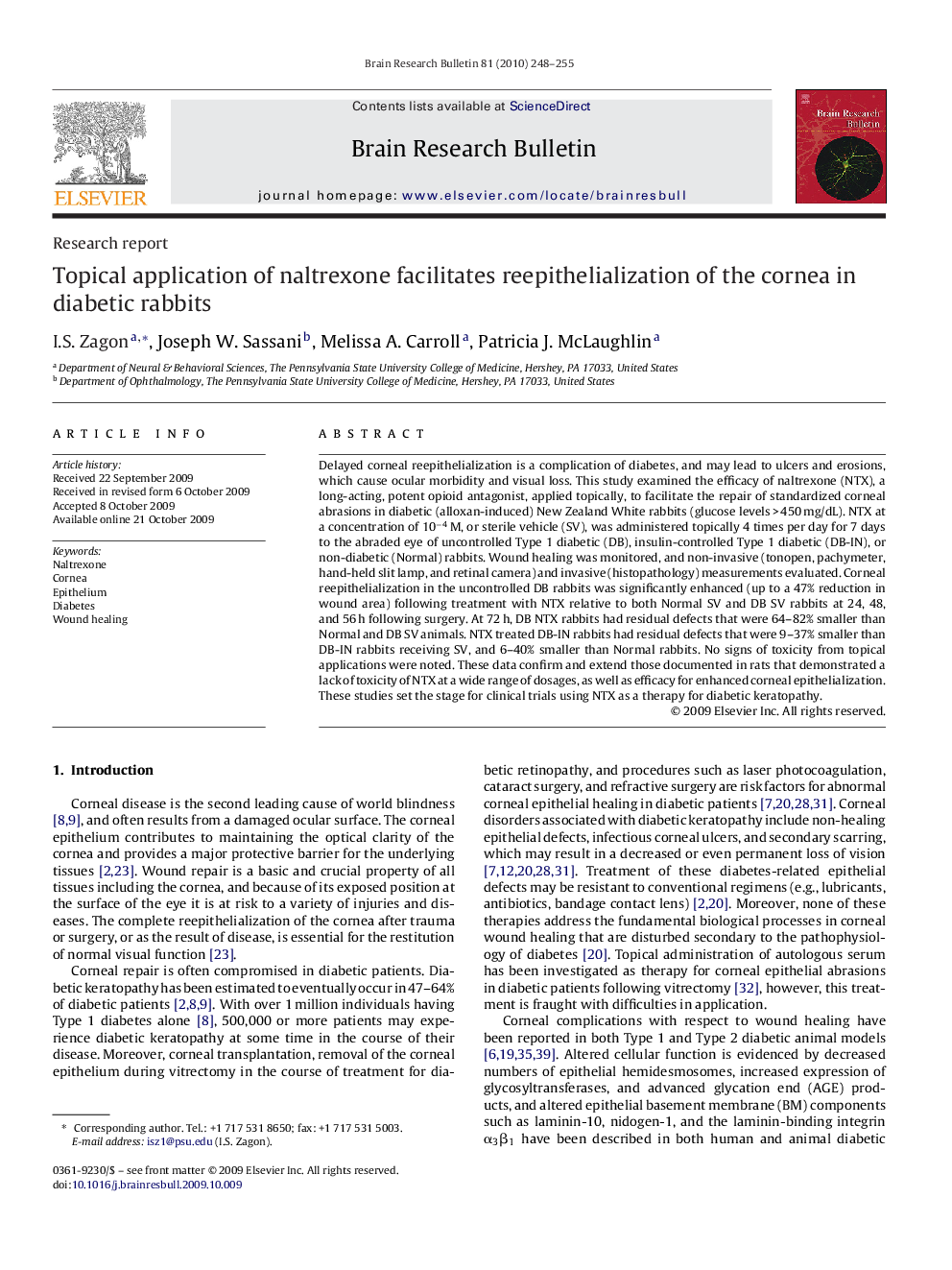 Topical application of naltrexone facilitates reepithelialization of the cornea in diabetic rabbits