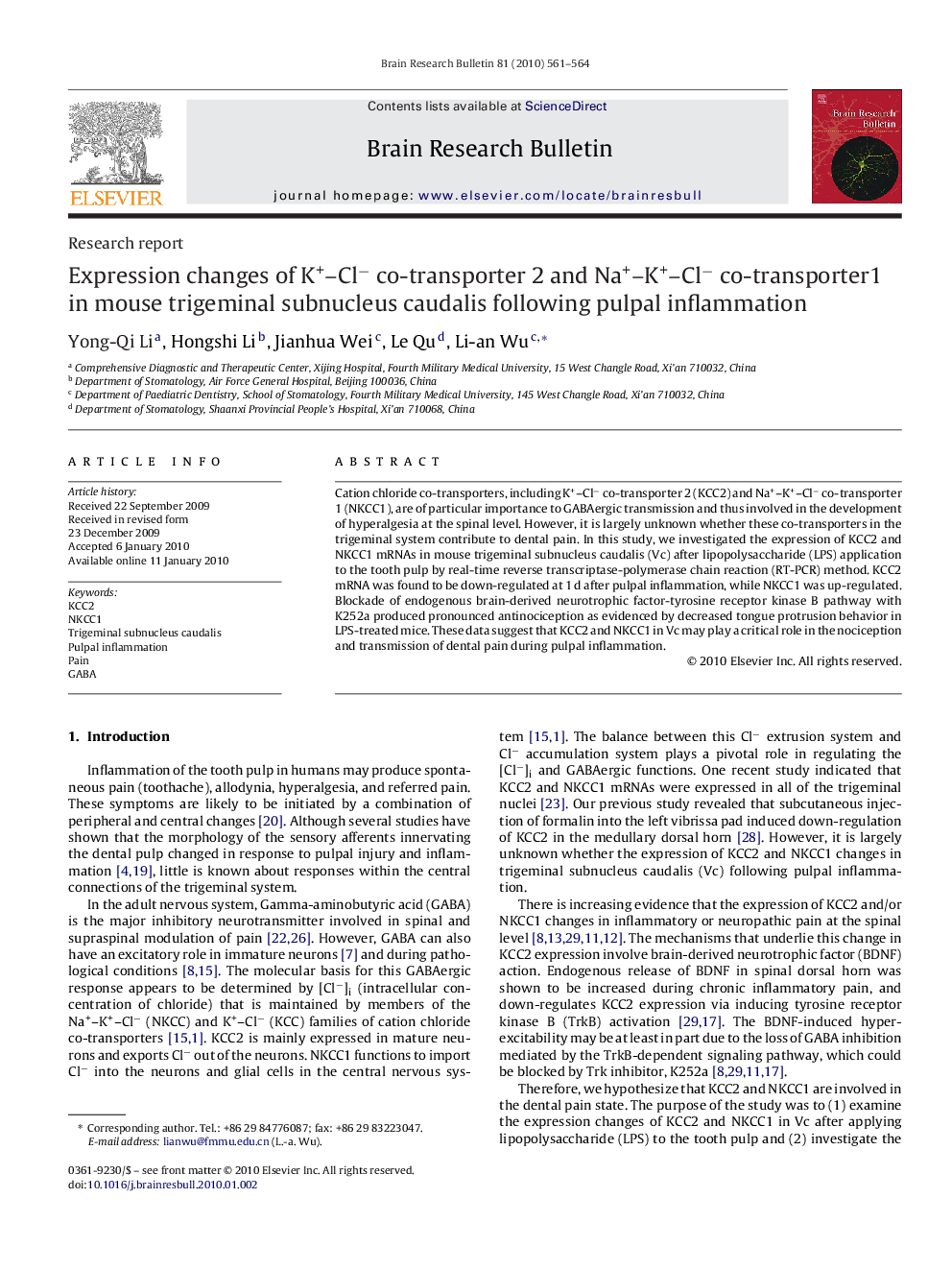 Expression changes of K+–Cl− co-transporter 2 and Na+–K+–Cl− co-transporter1 in mouse trigeminal subnucleus caudalis following pulpal inflammation