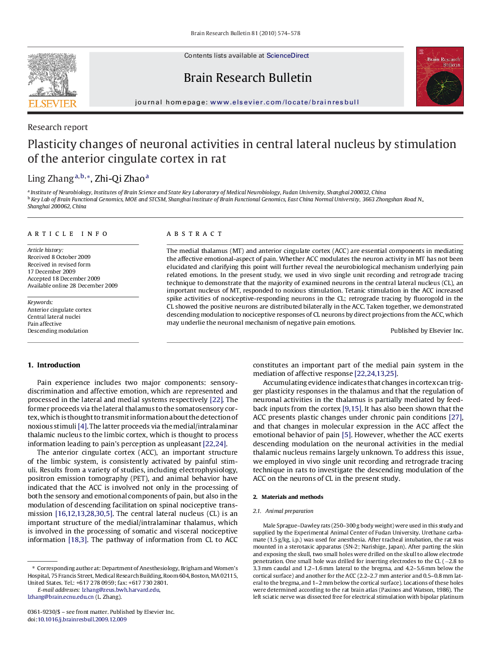 Plasticity changes of neuronal activities in central lateral nucleus by stimulation of the anterior cingulate cortex in rat