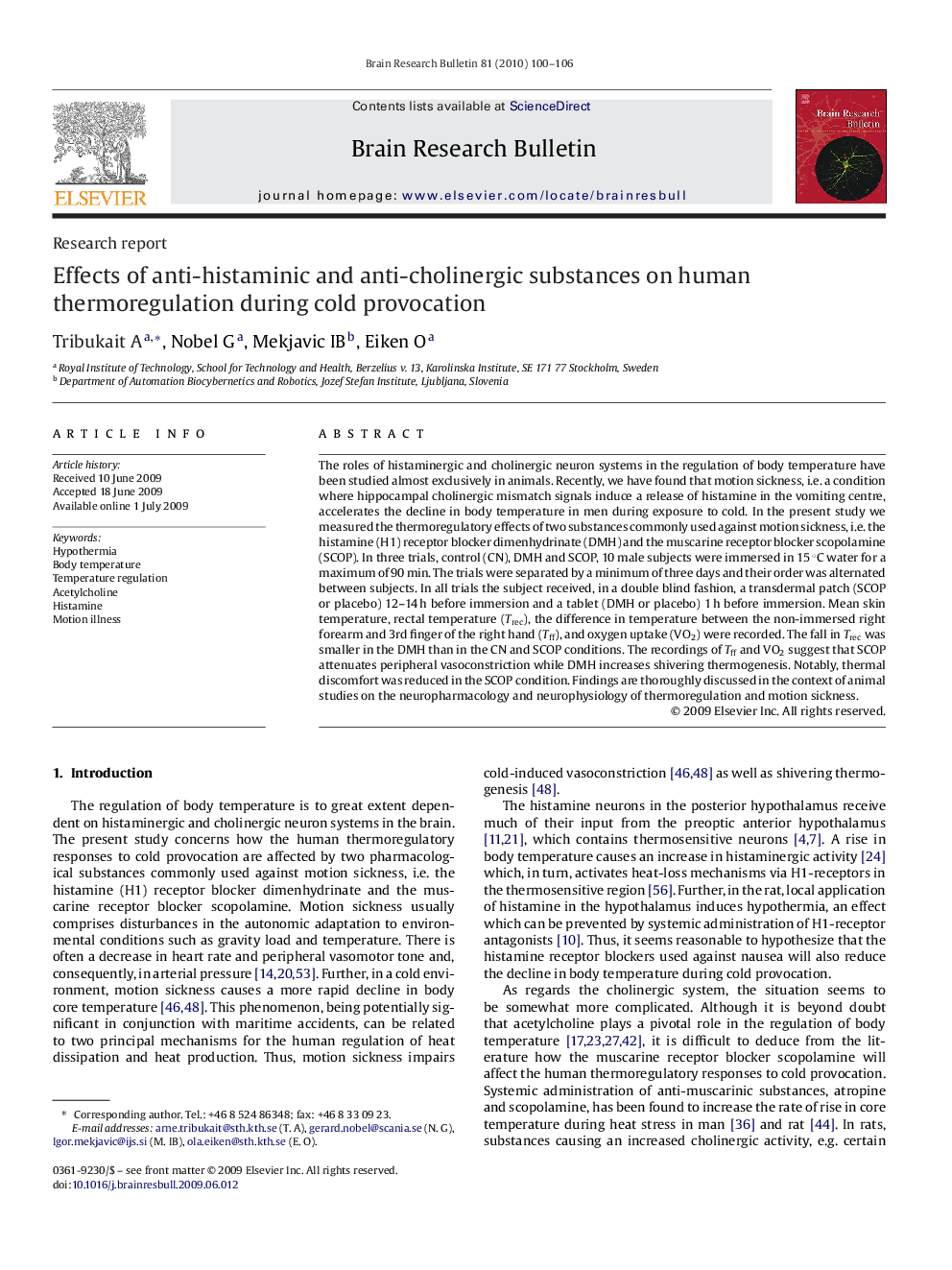 Effects of anti-histaminic and anti-cholinergic substances on human thermoregulation during cold provocation