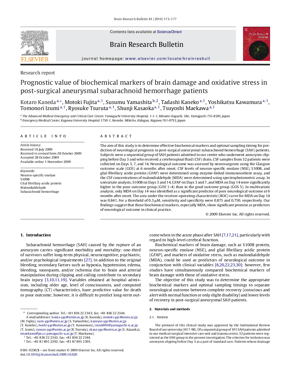 Prognostic value of biochemical markers of brain damage and oxidative stress in post-surgical aneurysmal subarachnoid hemorrhage patients