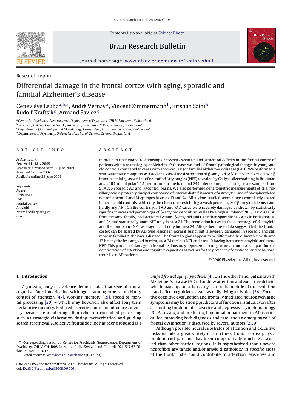 Differential damage in the frontal cortex with aging, sporadic and familial Alzheimer's disease