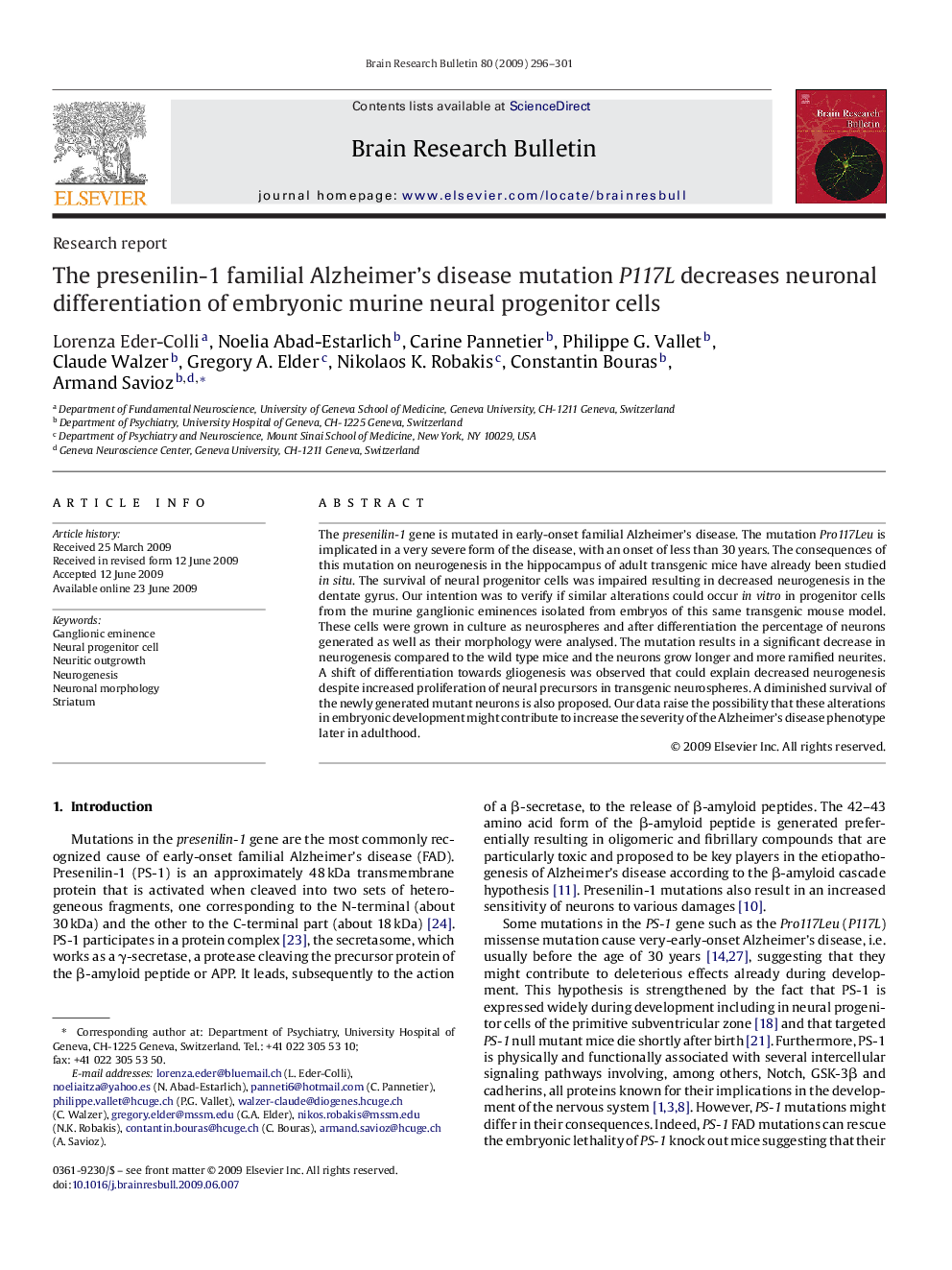 The presenilin-1 familial Alzheimer's disease mutation P117L decreases neuronal differentiation of embryonic murine neural progenitor cells