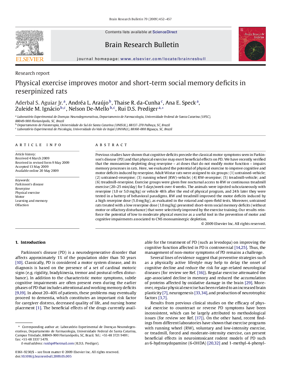 عکس صفحه اول مقاله: Physical exercise improves motor and short-term social memory deficits in reserpinized rats Physical exercise improves motor and short-term social memory deficits in reserpinized rats