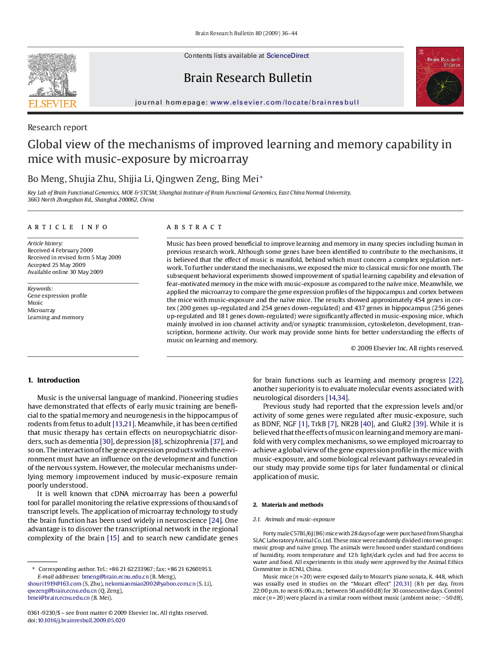 Global view of the mechanisms of improved learning and memory capability in mice with music-exposure by microarray