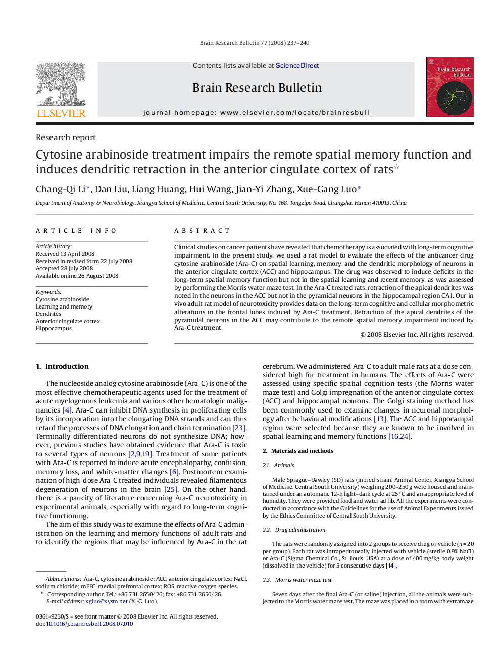 Cytosine arabinoside treatment impairs the remote spatial memory function and induces dendritic retraction in the anterior cingulate cortex of rats