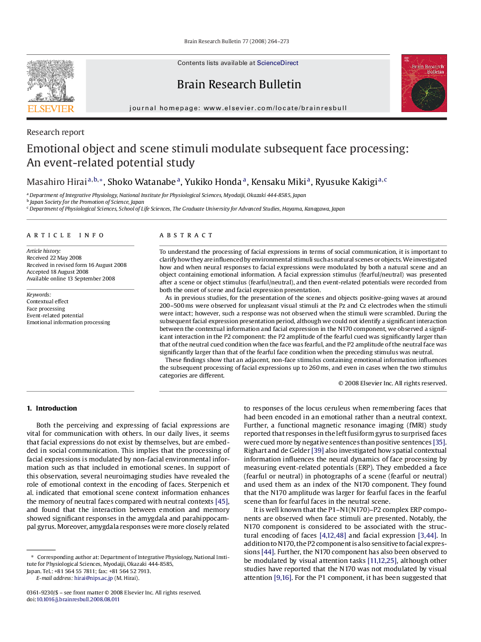 Emotional object and scene stimuli modulate subsequent face processing: An event-related potential study