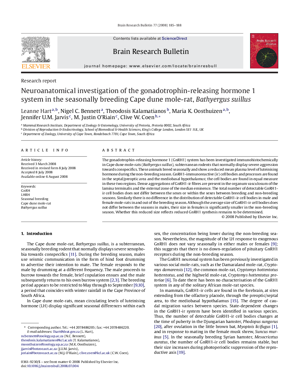 Neuroanatomical investigation of the gonadotrophin-releasing hormone 1 system in the seasonally breeding Cape dune mole-rat, Bathyergus suillus