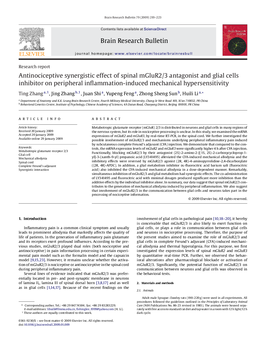 Antinociceptive synergistic effect of spinal mGluR2/3 antagonist and glial cells inhibitor on peripheral inflammation-induced mechanical hypersensitivity