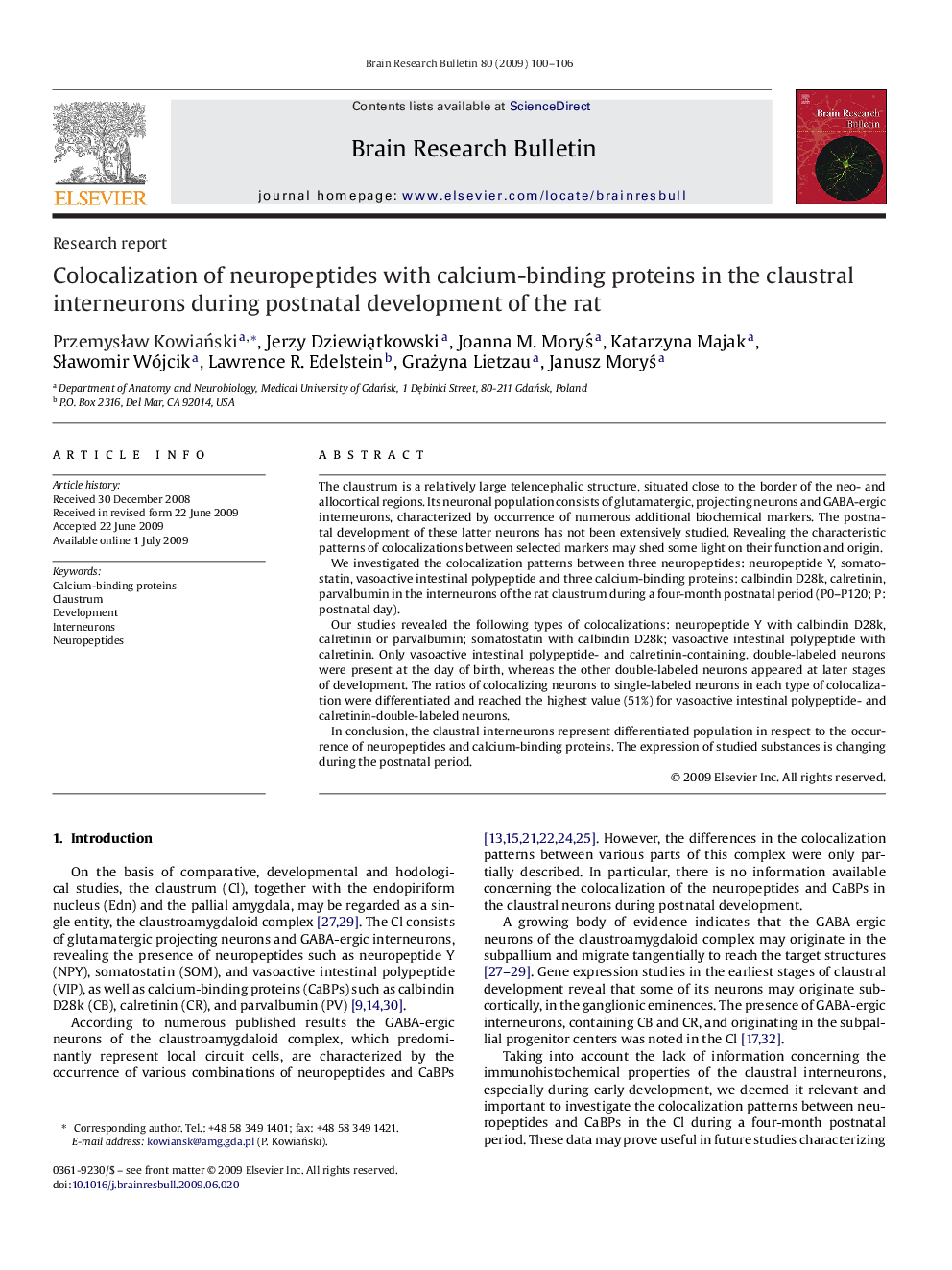 Colocalization of neuropeptides with calcium-binding proteins in the claustral interneurons during postnatal development of the rat