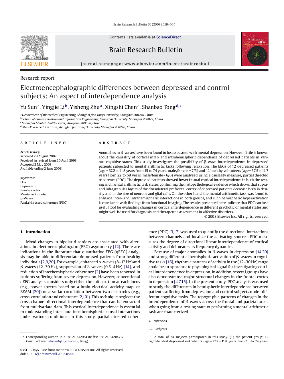 Electroencephalographic differences between depressed and control subjects: An aspect of interdependence analysis