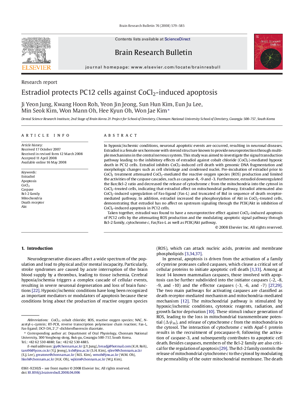 Estradiol protects PC12 cells against CoCl2-induced apoptosis