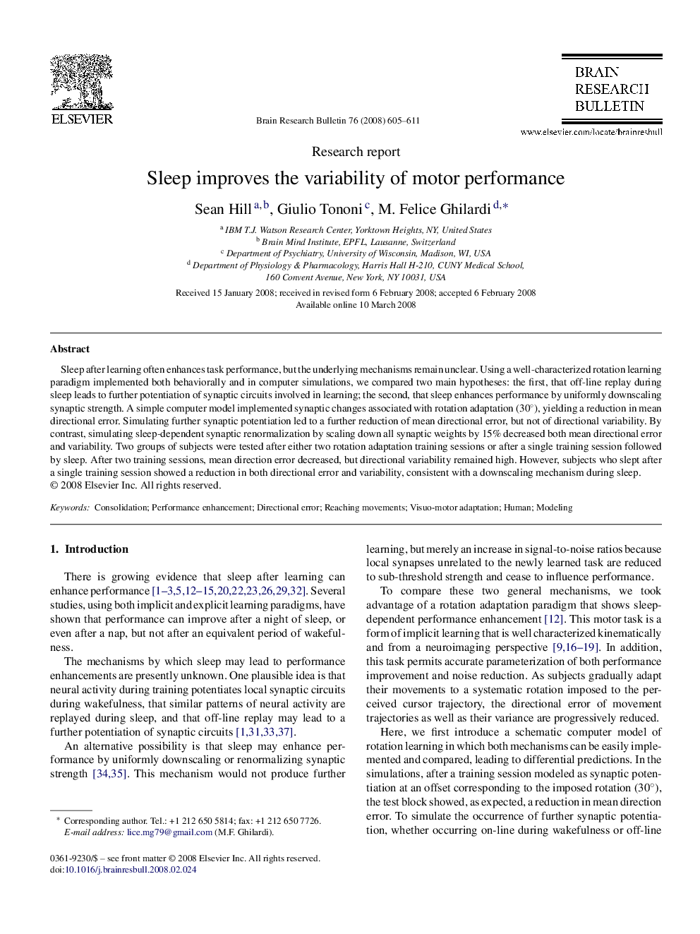 Sleep improves the variability of motor performance