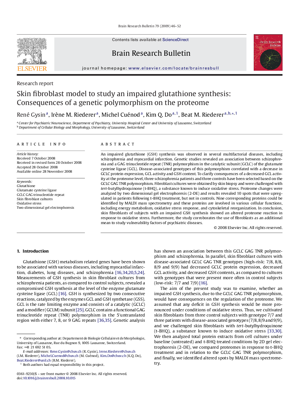 Skin fibroblast model to study an impaired glutathione synthesis: Consequences of a genetic polymorphism on the proteome