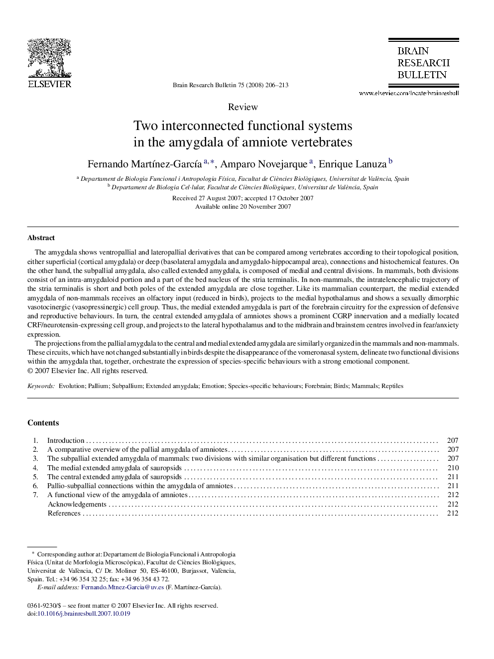 Two interconnected functional systems in the amygdala of amniote vertebrates