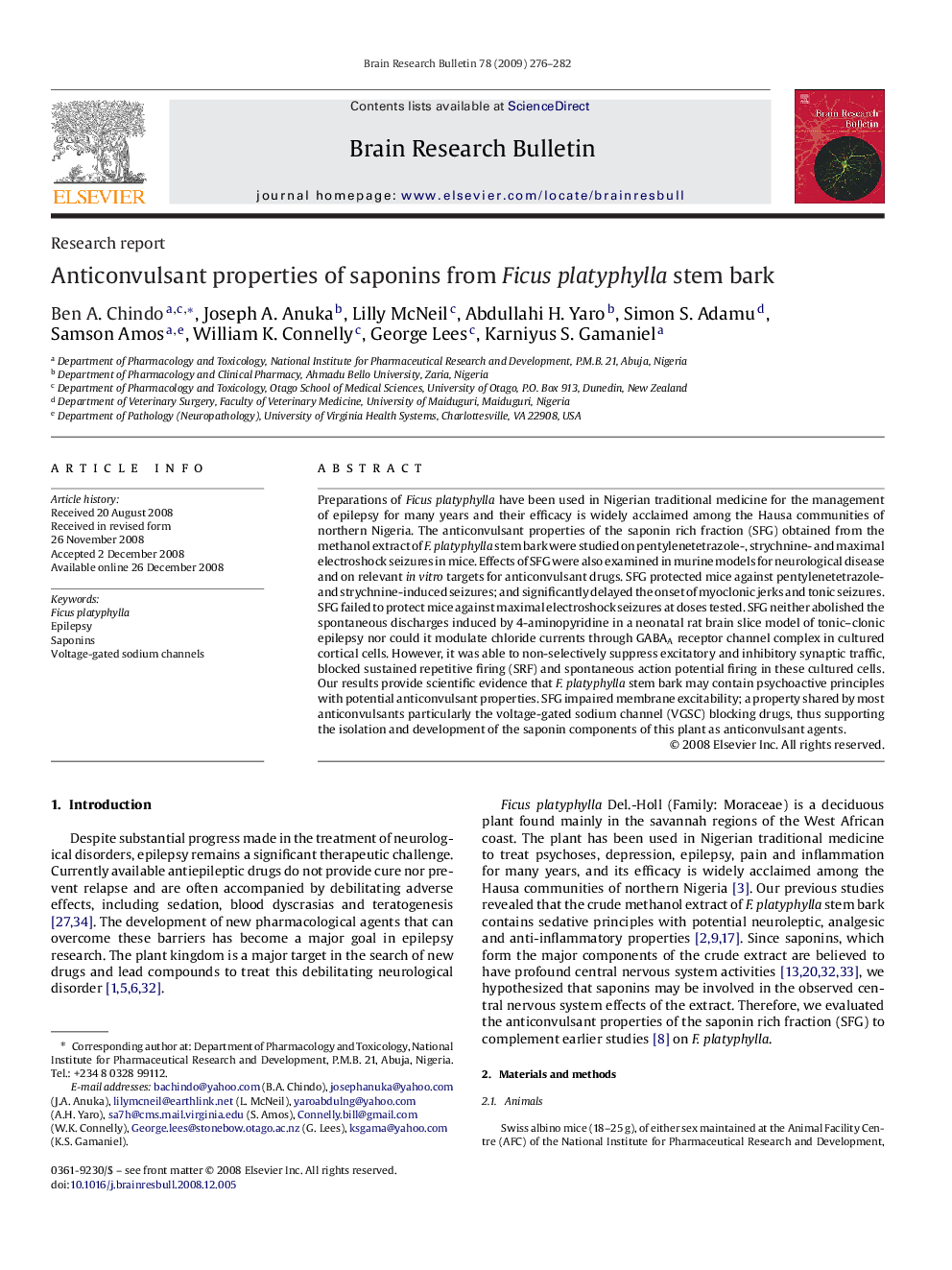 Anticonvulsant properties of saponins from Ficus platyphylla stem bark