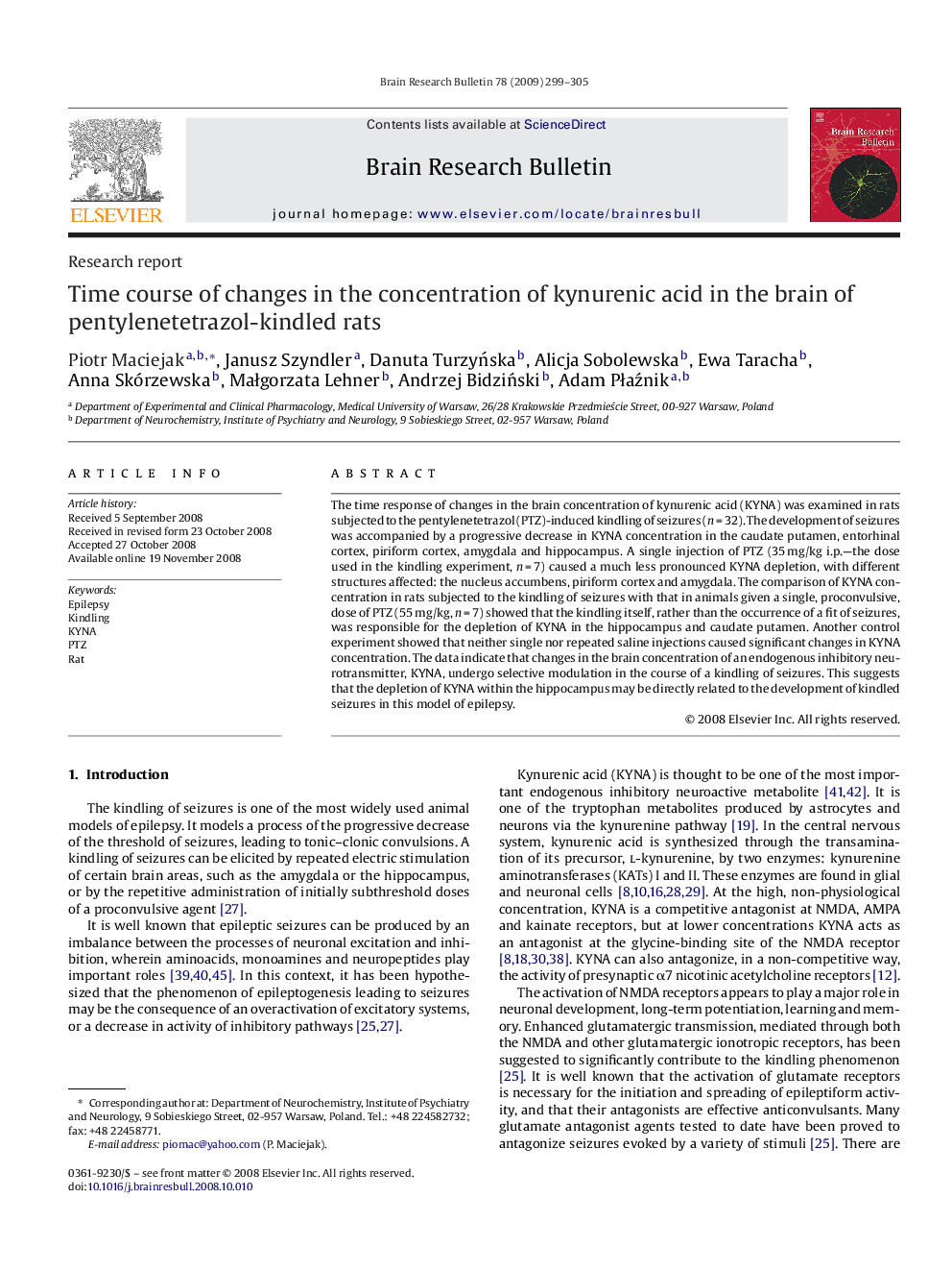 Time course of changes in the concentration of kynurenic acid in the brain of pentylenetetrazol-kindled rats