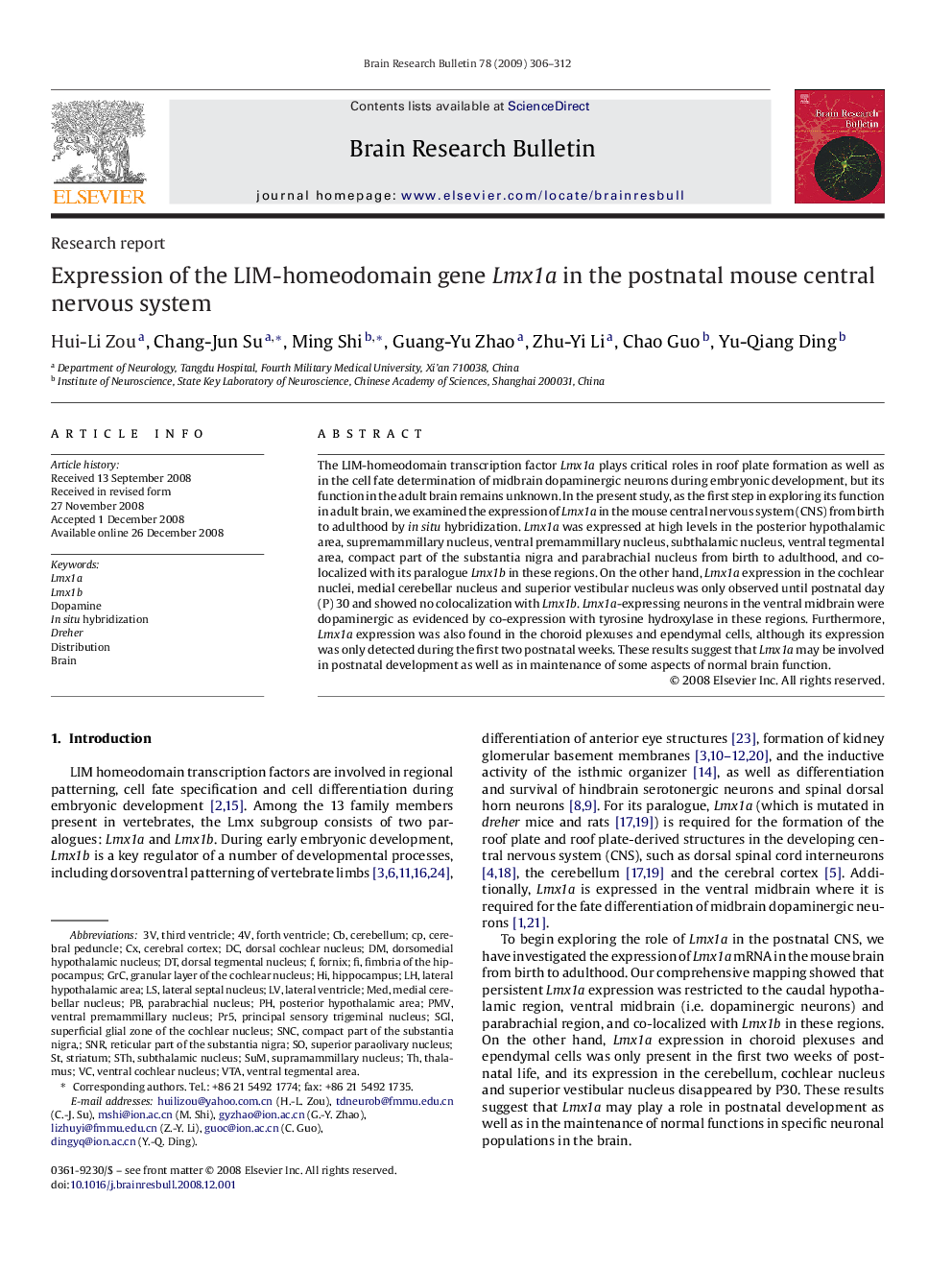 Expression of the LIM-homeodomain gene Lmx1a in the postnatal mouse central nervous system