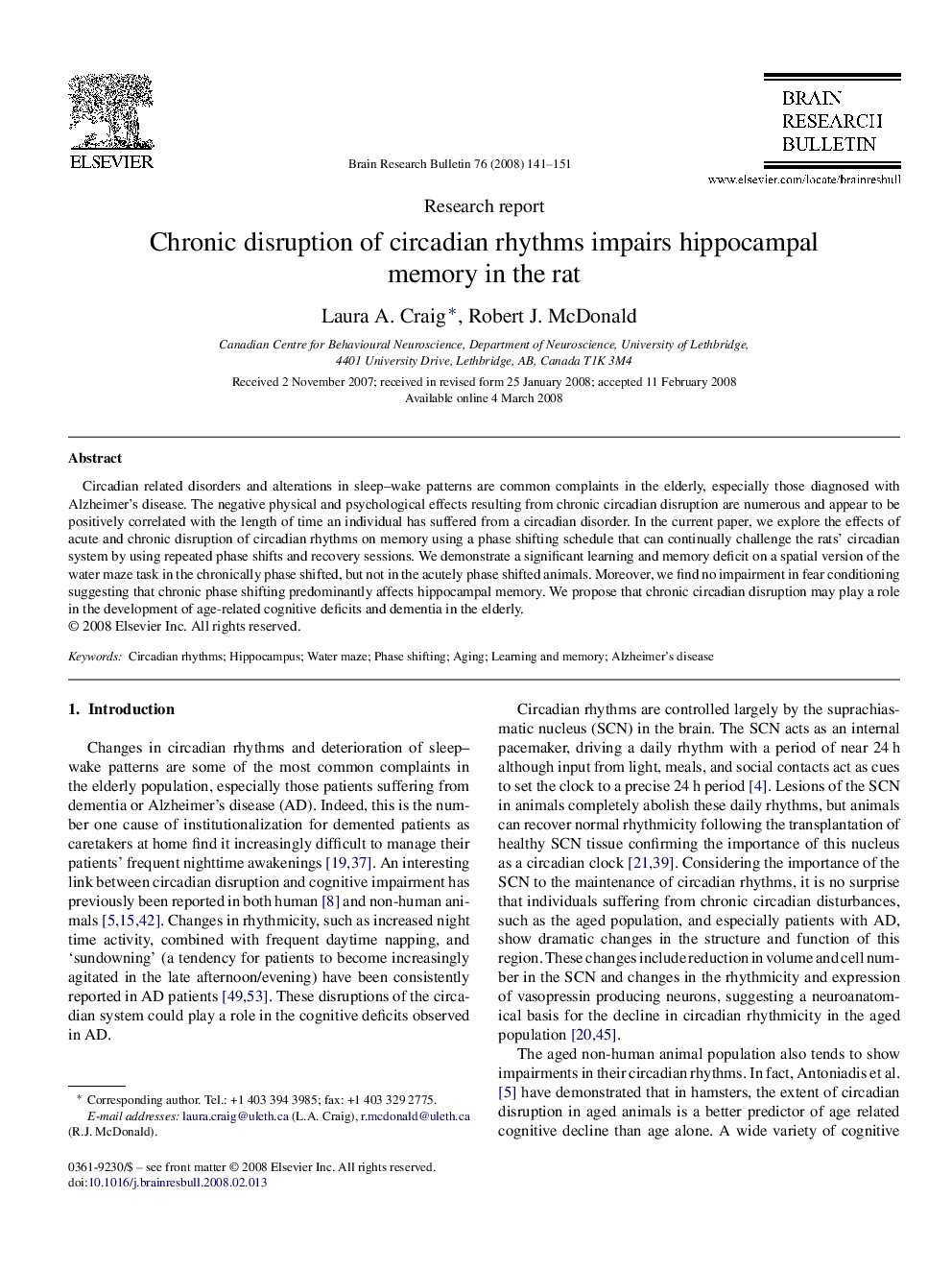 Chronic disruption of circadian rhythms impairs hippocampal memory in the rat