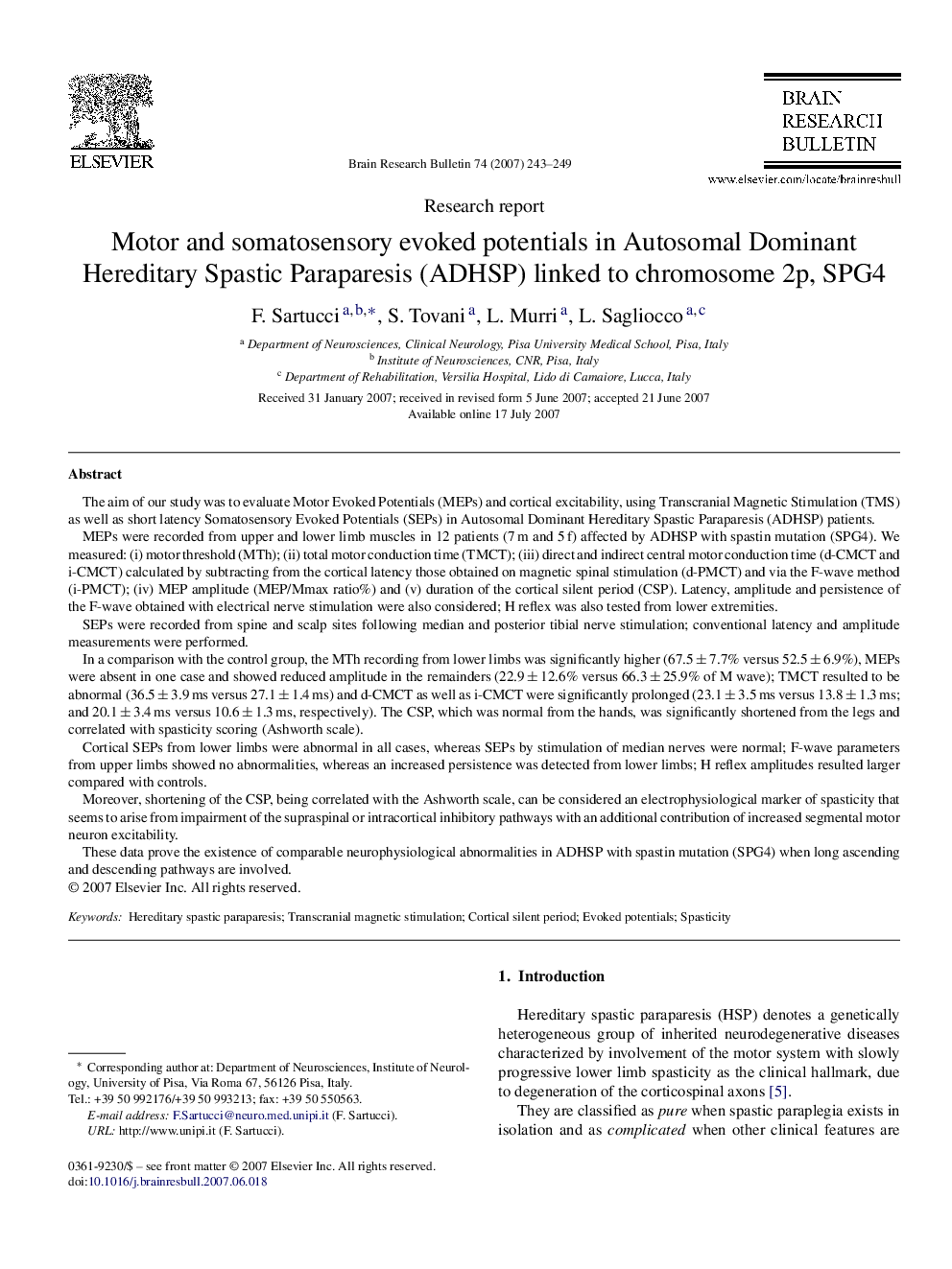 Motor and somatosensory evoked potentials in Autosomal Dominant Hereditary Spastic Paraparesis (ADHSP) linked to chromosome 2p, SPG4