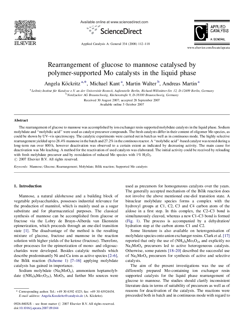 Rearrangement of glucose to mannose catalysed by polymer-supported Mo catalysts in the liquid phase