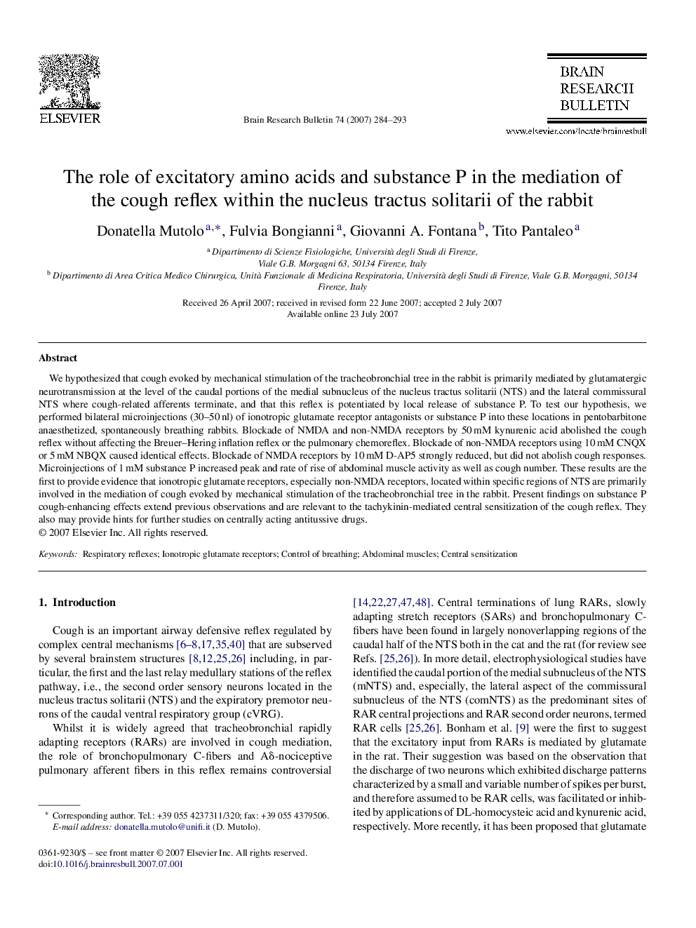 The role of excitatory amino acids and substance P in the mediation of the cough reflex within the nucleus tractus solitarii of the rabbit