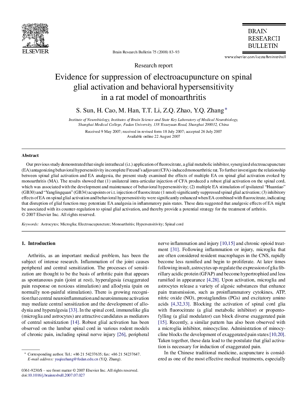 Evidence for suppression of electroacupuncture on spinal glial activation and behavioral hypersensitivity in a rat model of monoarthritis