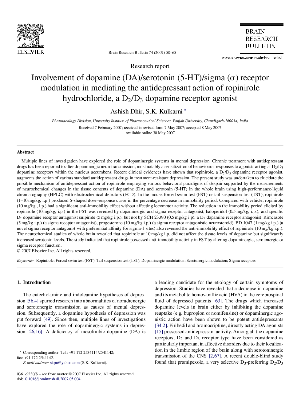 Involvement of dopamine (DA)/serotonin (5-HT)/sigma (σ) receptor modulation in mediating the antidepressant action of ropinirole hydrochloride, a D2/D3 dopamine receptor agonist