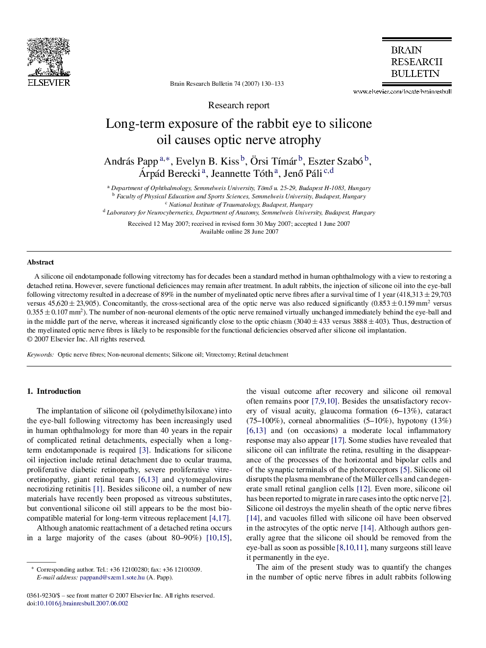 Long-term exposure of the rabbit eye to silicone oil causes optic nerve atrophy