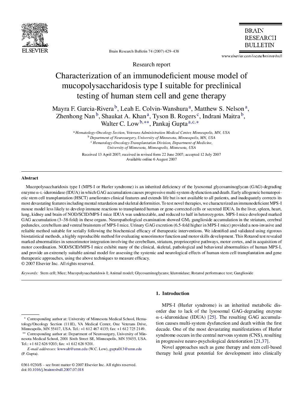 Characterization of an immunodeficient mouse model of mucopolysaccharidosis type I suitable for preclinical testing of human stem cell and gene therapy