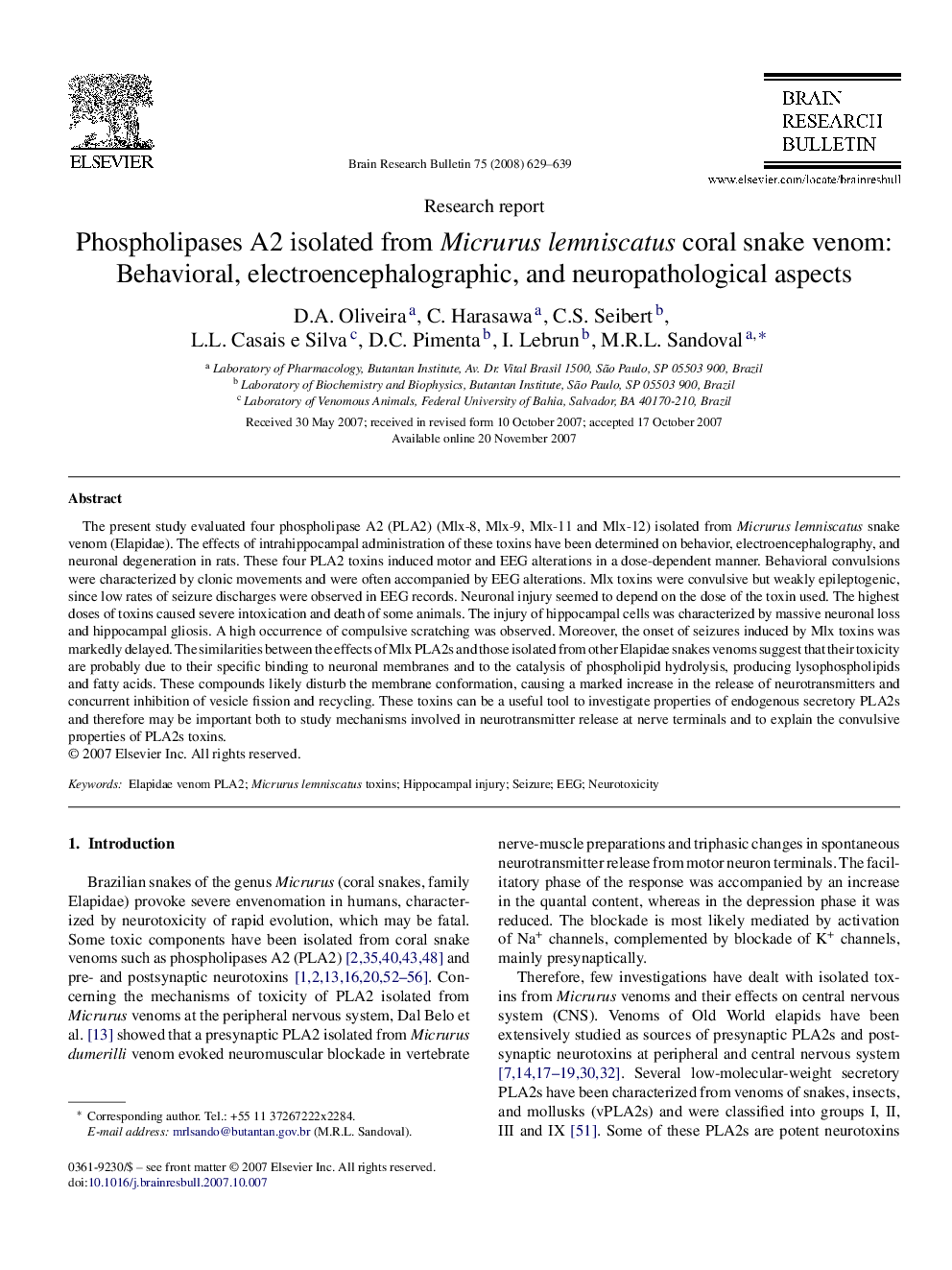 Phospholipases A2 isolated from Micrurus lemniscatus coral snake venom: Behavioral, electroencephalographic, and neuropathological aspects