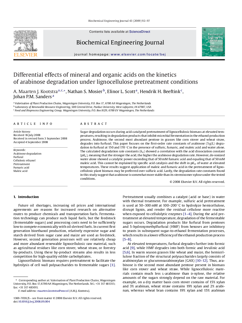 Differential effects of mineral and organic acids on the kinetics of arabinose degradation under lignocellulose pretreatment conditions