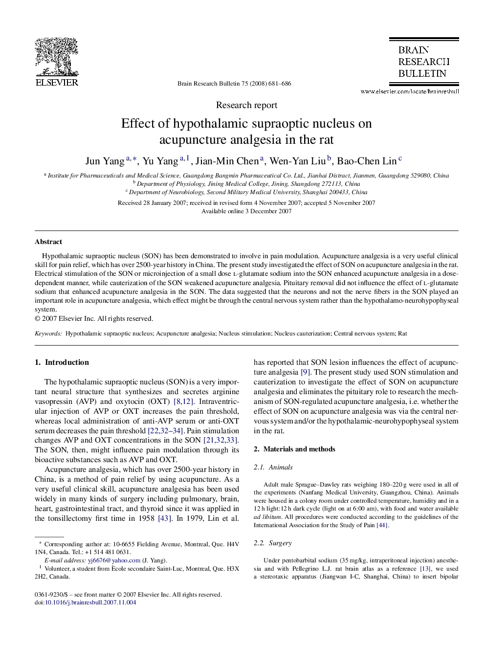 عکس صفحه اول مقاله: Effect of hypothalamic supraoptic nucleus on acupuncture analgesia in the rat Effect of hypothalamic supraoptic nucleus on acupuncture analgesia in the rat