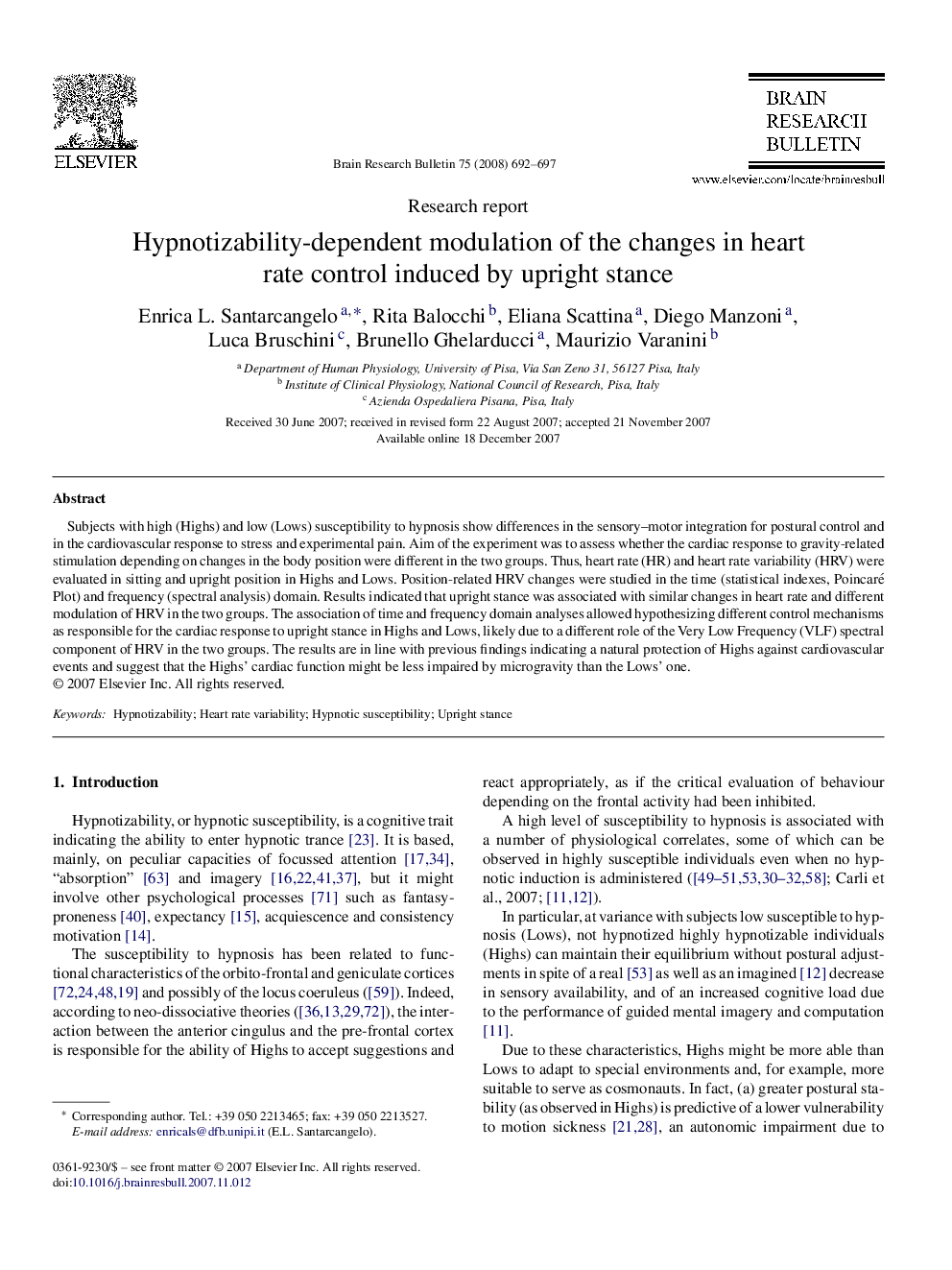 Hypnotizability-dependent modulation of the changes in heart rate control induced by upright stance