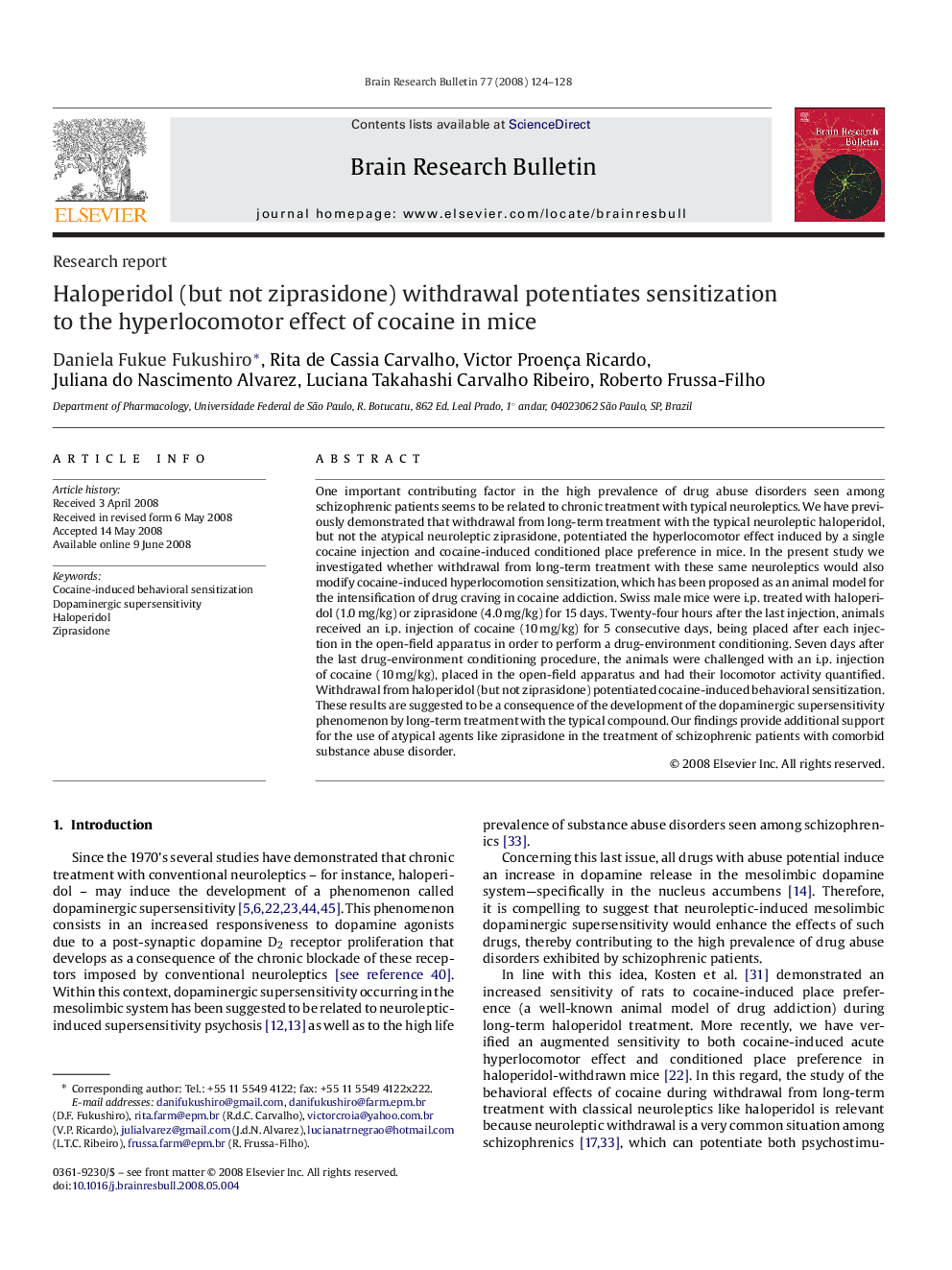 Haloperidol (but not ziprasidone) withdrawal potentiates sensitization to the hyperlocomotor effect of cocaine in mice