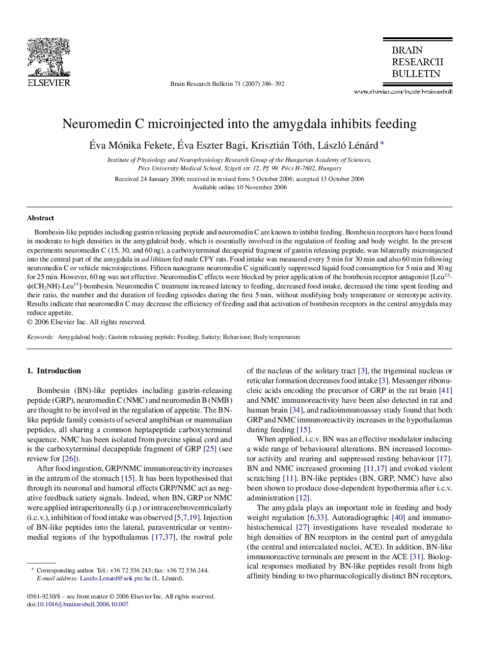 Neuromedin C microinjected into the amygdala inhibits feeding