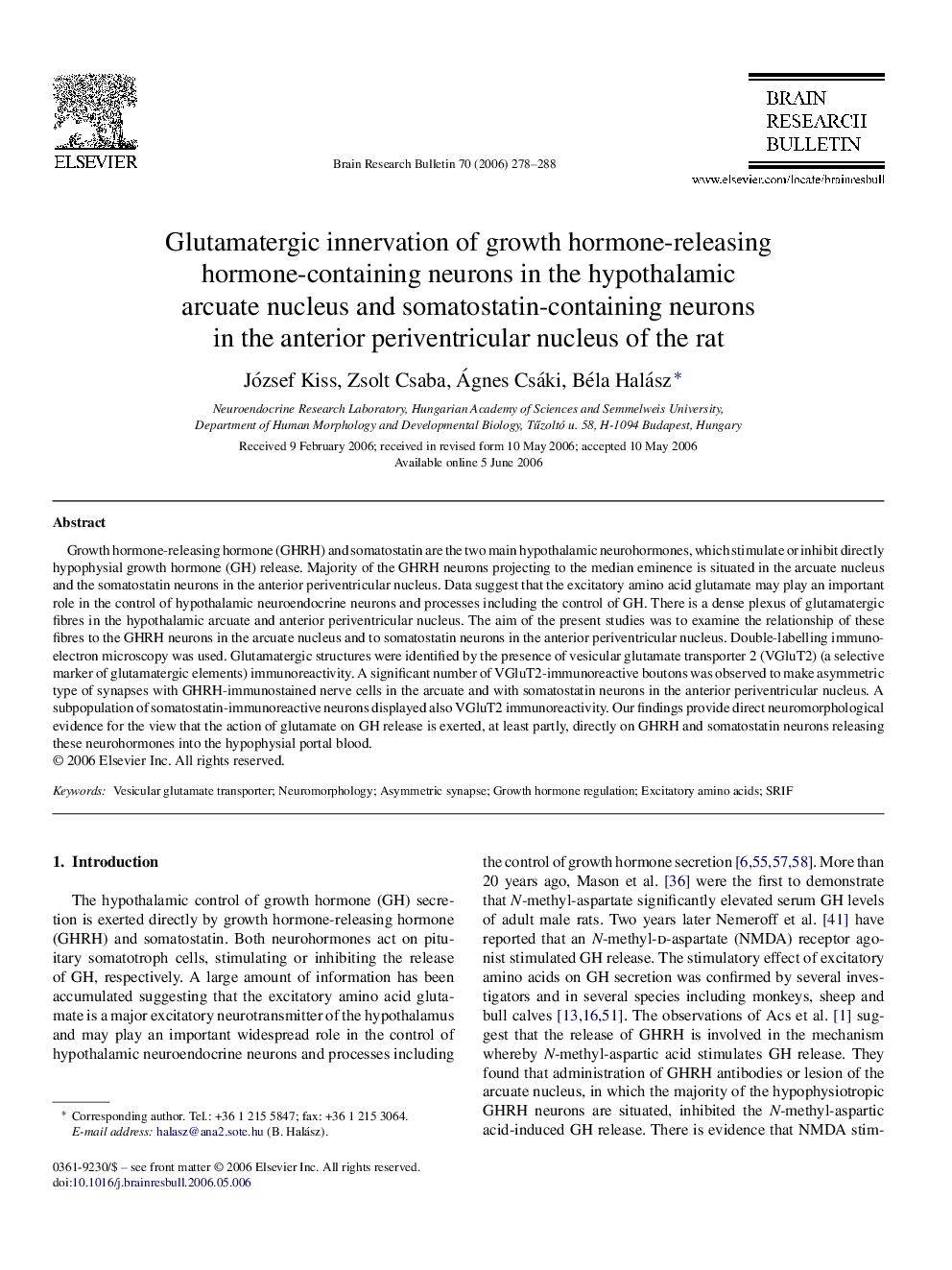 Glutamatergic innervation of growth hormone-releasing hormone-containing neurons in the hypothalamic arcuate nucleus and somatostatin-containing neurons in the anterior periventricular nucleus of the rat